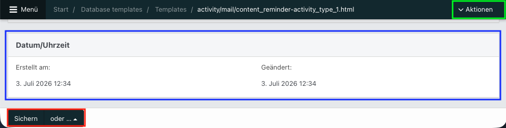 Screenshot eines geöffneten DB-Templates im Bereich Datum/Uhrzeit.