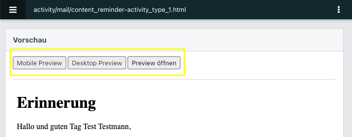 Screenshot eines geöffneten DB-Templates im Bereich Vorschau.