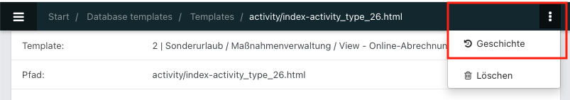 Screenshot eines DB-Templates mit geöffneten Aktionen.