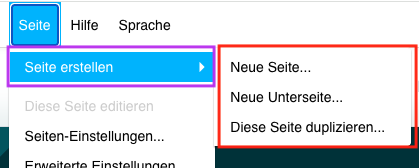 Screenshot des Dropdown-Menüs unter "Seite" in der Steuerleiste mit Einstellungen für eine neue Seite.