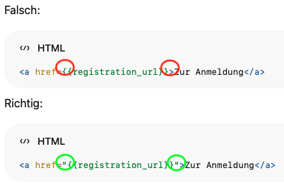 Screenshot von HTML im href-Bereich, wo die Anführungszeichen fehlen.