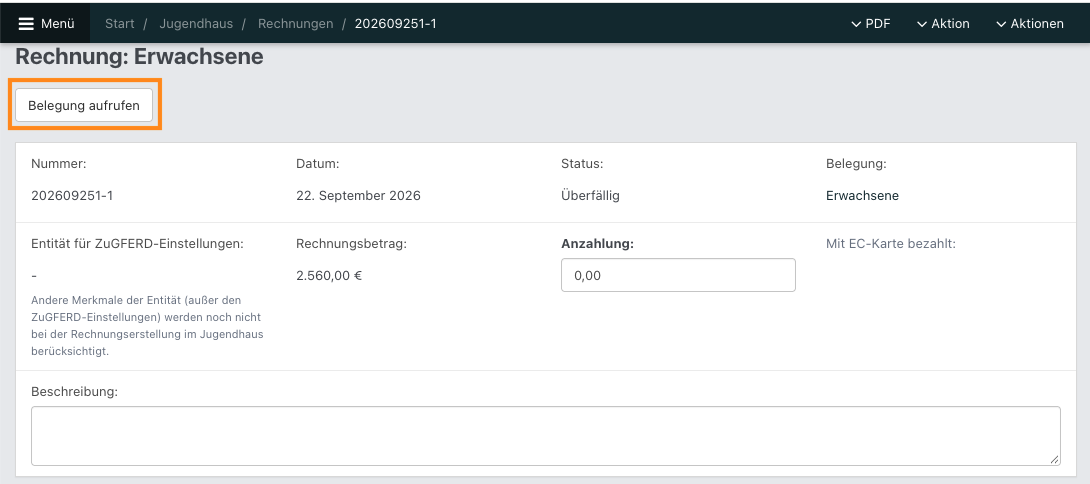 Rechnungsdetailansicht in NoahHaus mit Rechnungsnummer, Datum, Status, Belegung, Rechnungsbetrag und Anzahlung. Orange markiert ist die Schaltfläche „Belegung aufrufen“.