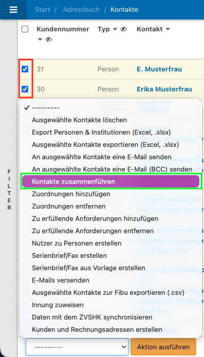 Screenshot aus der Software: geöffnetes Adressbuch mit ausgeklappten Aktionen.