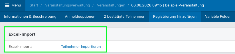Screenshot aus der Software: geöffnetes Event im Tab "Registrierung hinzufügen".