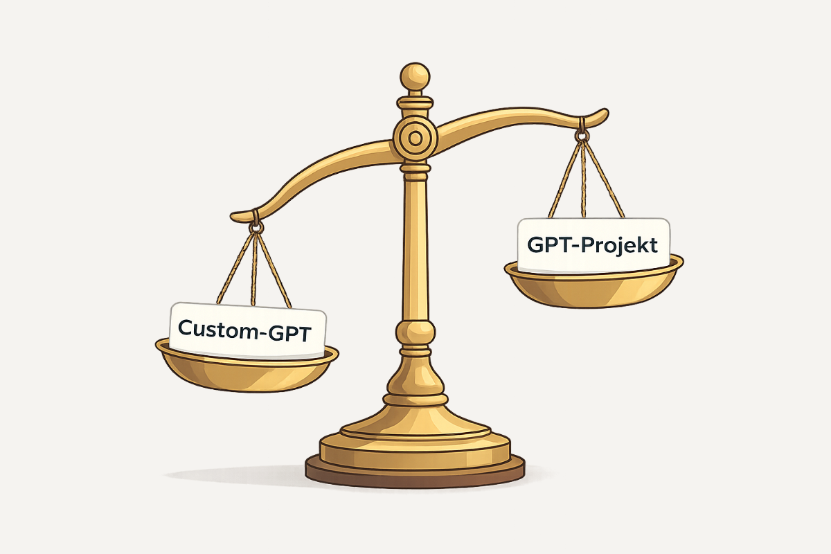 Eine altmodische Waage, in der linken, nach unten geneigten Waagschale steht "Custom-GPT". Auf der rechten Seite steht "GPT-Projekt".