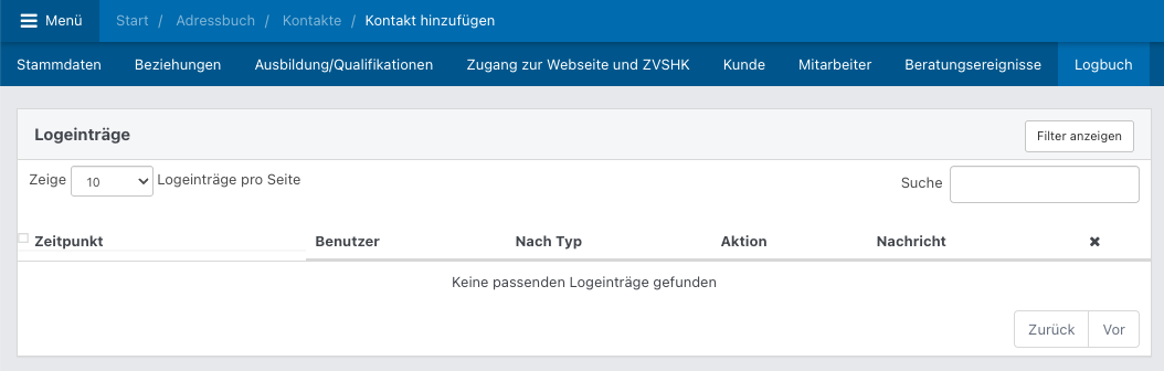 Screenshot aus der Software: Tab Logbuch.