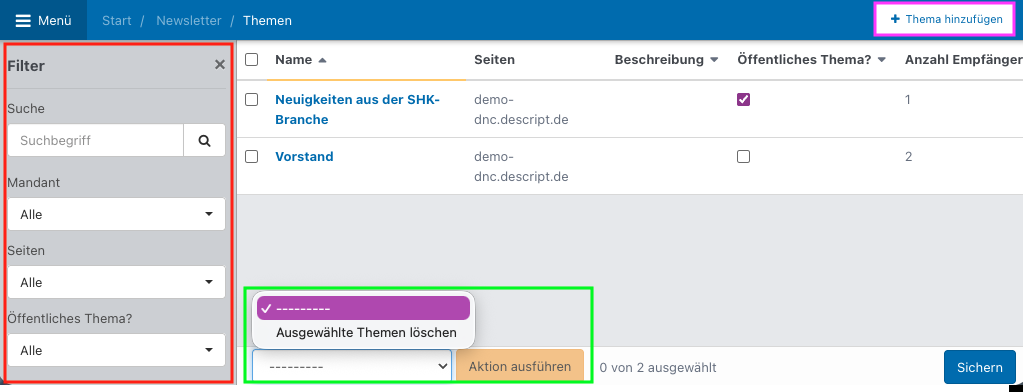 Screenshot aus der Software: geöffnete Themenübersicht.