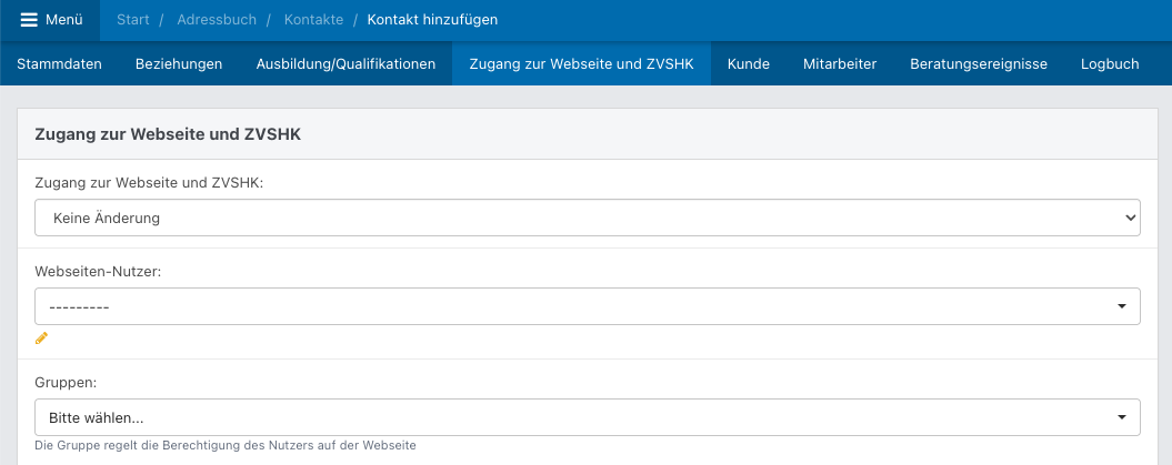 Screenshot aus der Software: Tab Webseitenzugang.