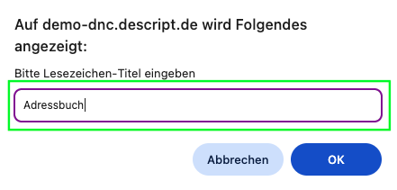 Screenshot aus der Software: Fenster zur Bezeichnung des Lesezeichens.