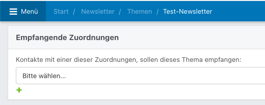 Grün umrahmter Zuordnungsbereich mit verfügbaren Einträgen links und einer leeren Auswahlliste rechts. Dazwischen stehen „Auswählen“ und „Entfernen“.