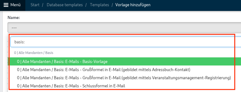 Screenshot aus der Software: geöffnete Dropdown-Menü für datenbasierte Vorlagen.