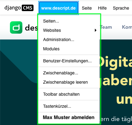 Screenshot des Dropdown-Menüs unter der Domain in der Steuerleiste.