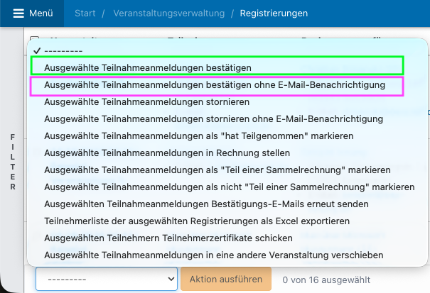 Screenshot der Registrierungsübersicht mit aufgeklappten Massenaktionen.