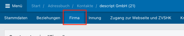 Screenshot aus der Software: geöffneter Kontakt im Tab "Firma".
