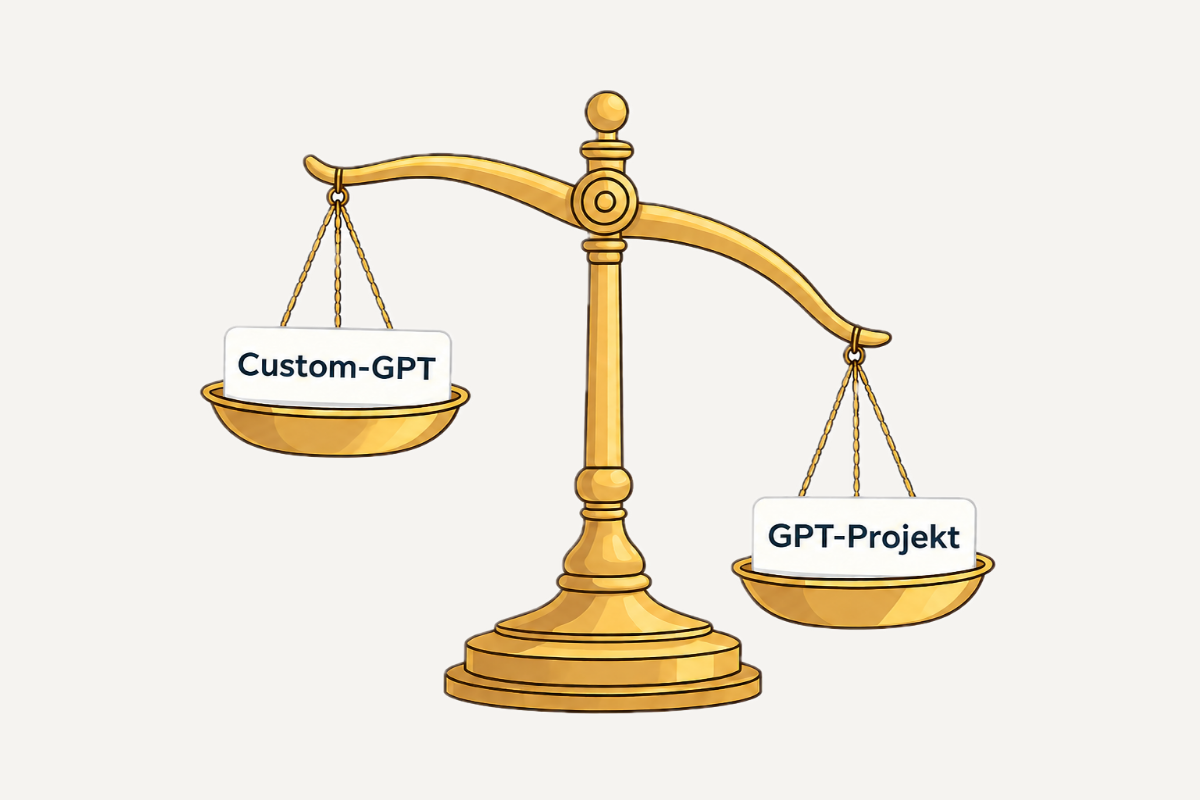 Eine altmodische Waage, in der rechten, nach unten geneigten Waagschale steht "GPT-Projekt". Auf der rechten Seite steht "Custom-GPT".