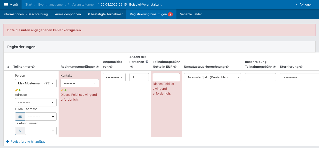 Screenshot aus der Software: Tab "Registrierung hinzufügen".