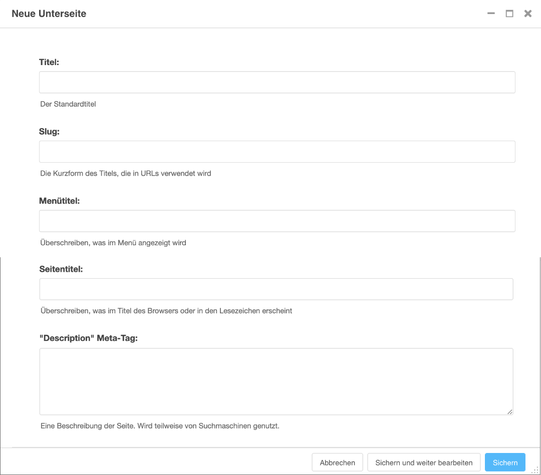 Ein Screenshot eines Formulars zur Erstellung einer neuen Unterseite. Das Formular enthält mehrere Eingabefelder.