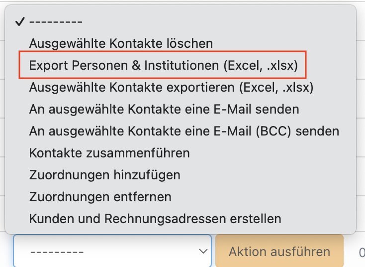 Dropdown-Menü mit mehreren Aktionen zur Kontaktverwaltung. Die hervorgehobene Option lautet: 'Export Personen & Institutionen (Excel, .xlsx)'