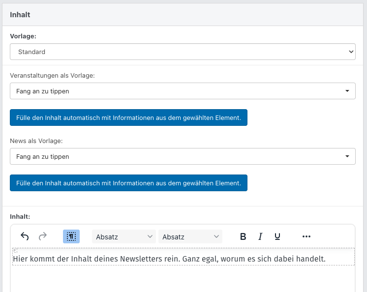 Screenshot aus der Software: Abschnitt zum Verfassen eines Newsletters.