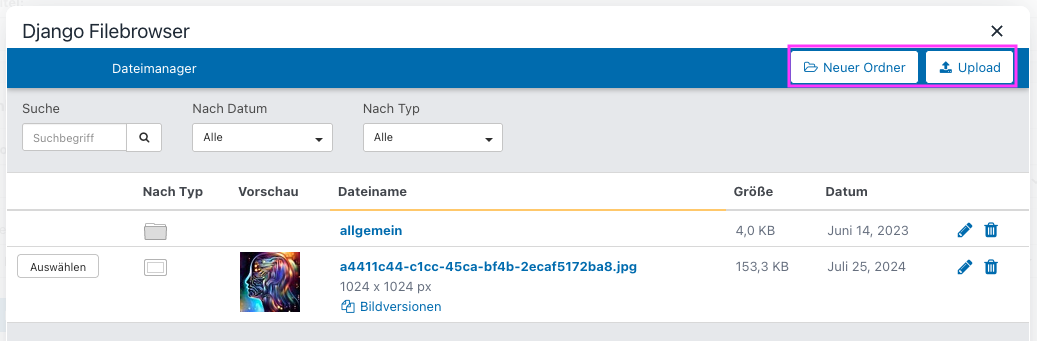 Screenshot aus der Software: geöffneter Dateimanager.