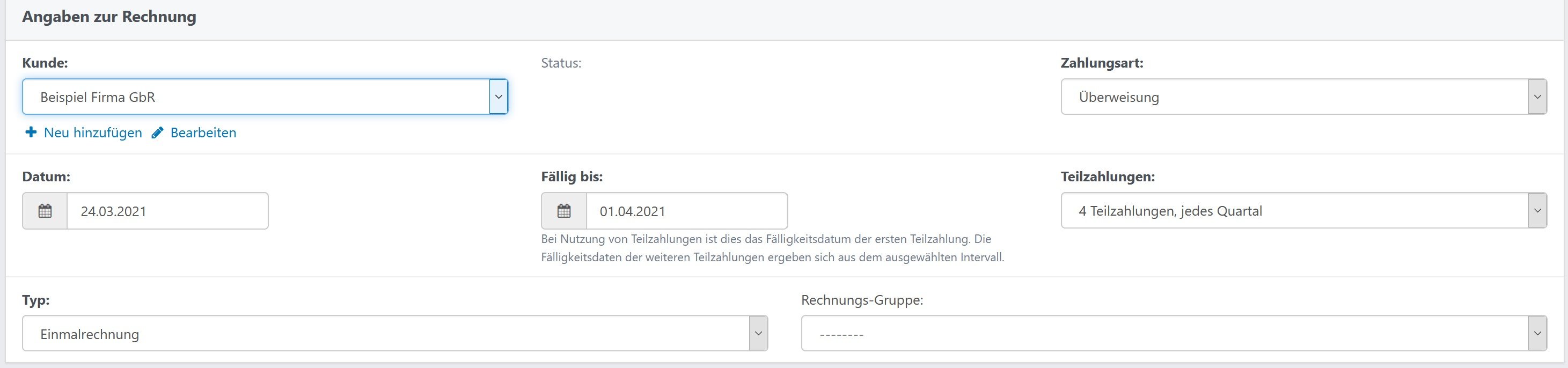 Screenshot von DNC beim Anlegen einer Rechnung mit Teilzahlungen