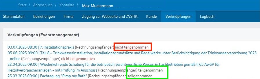 Teilnehmerübersicht mit Veranstaltungsdaten, bei der ‚teilgenommen‘ grün und ‚nicht teilgenommen‘ rot hervorgehoben ist.