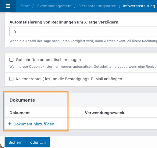 Screenshot aus der Software: geöffnete Veranstaltungsart.