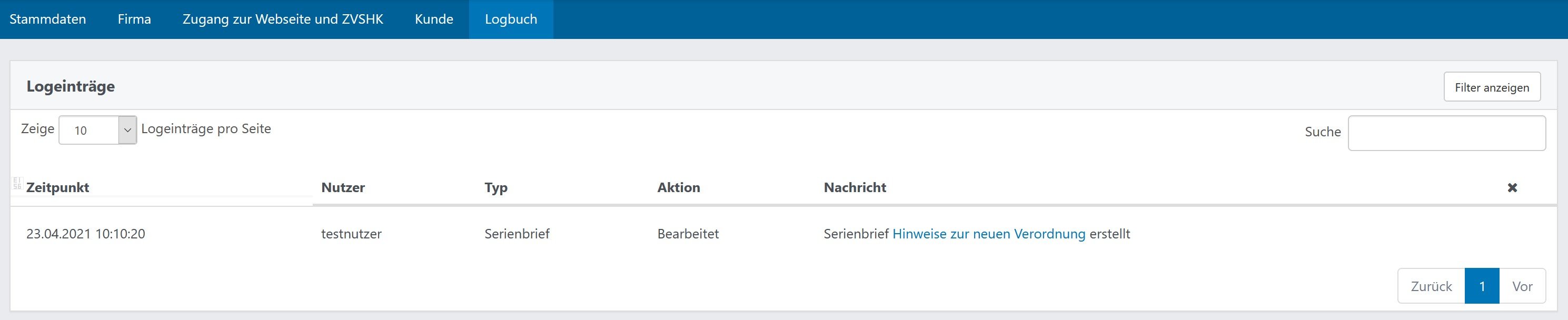Screenshot vom Serienbrief-Eintrag im Logbuch
