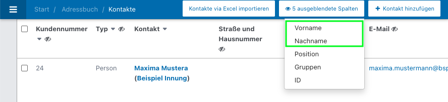 Screenshot des Adressbuchs mit ausgeklappten Button für Spalten.