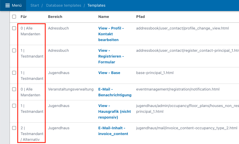 Screenshot der Übersicht über DB-Templates.