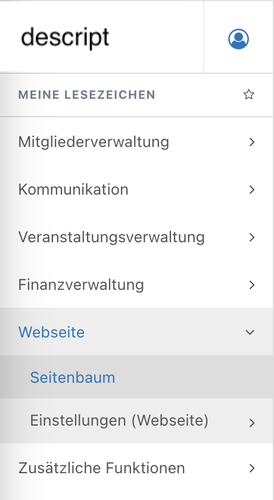 Screenshot des Menüs im Bereich Websiteverwaltung.