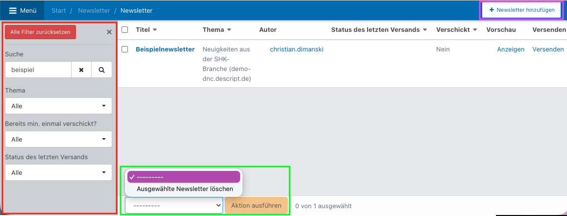 Screenshot aus der Software: geöffnete Übersicht über alle Newsletter.