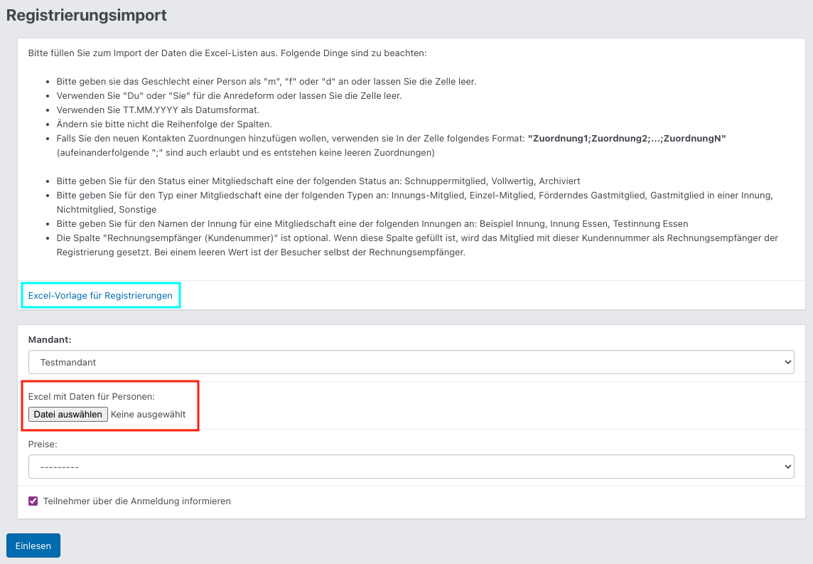 Screenshot aus der Software: geöffneter Registrierungsimport.