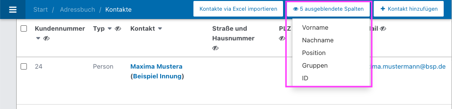 Screenshot von der Kontaktübersicht im Adressbuch mit ausgeklappten Button für ausgeblendete Spalten.