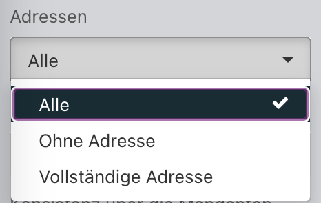 Screenshot aus der Software: Filter im Bereich Adressen.