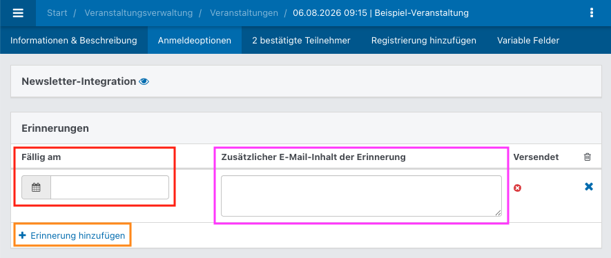 Screenshot aus dem Eventmanagement. Zu sehen ist der geöffnete Bereich Erinnerungen um einen Text zu hinterlegen.