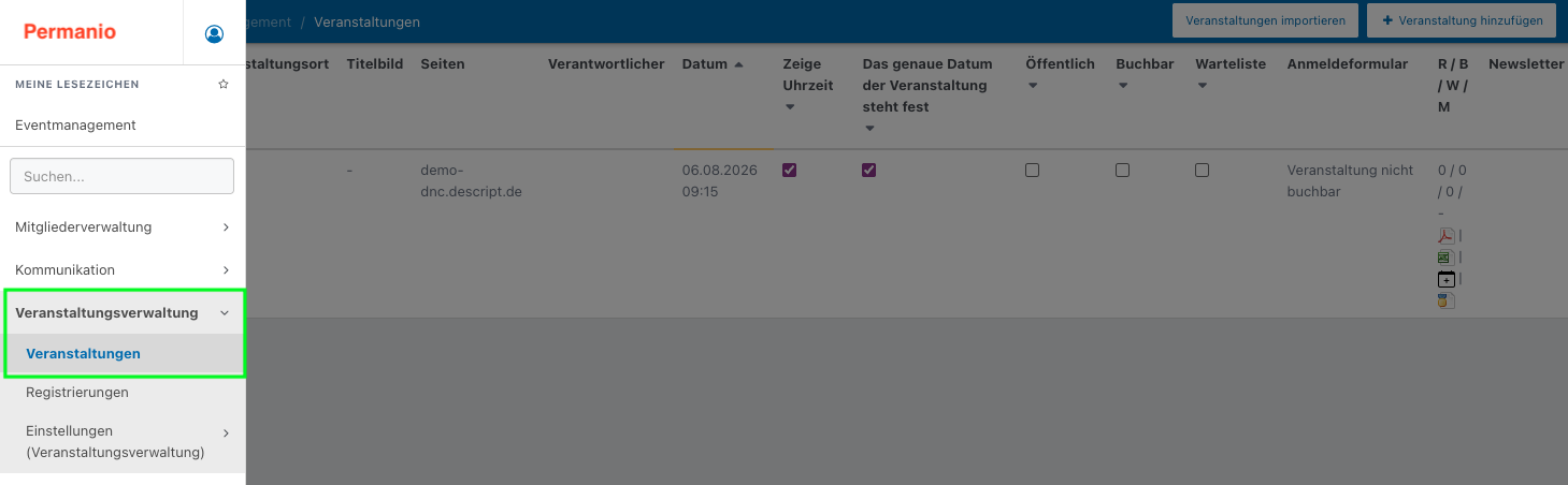 Screenshot aus der Software: geöffnetes Menü.