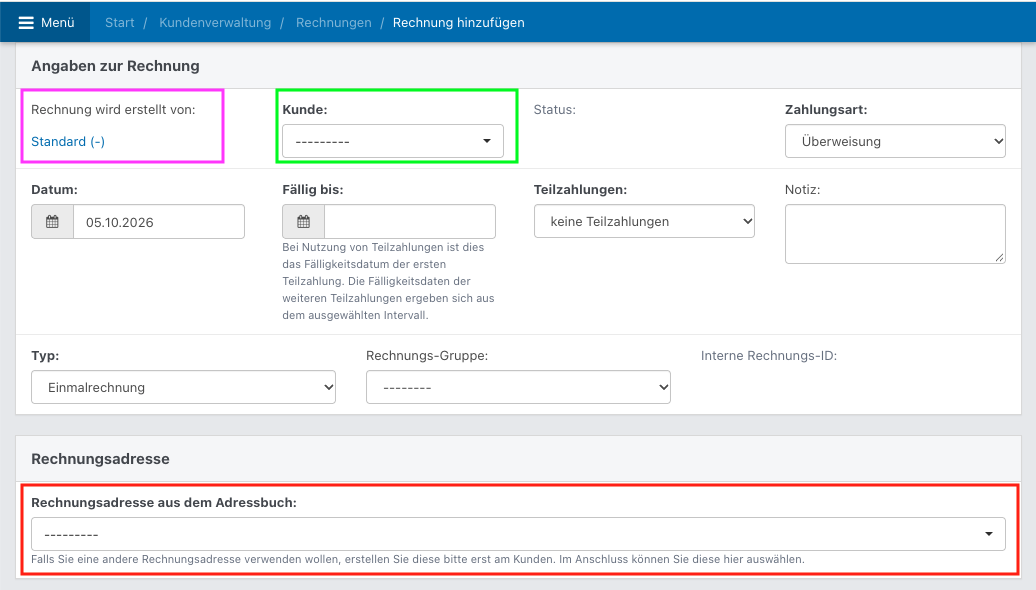 Screenshot: Formular einer leeren, neuen Rechnung.