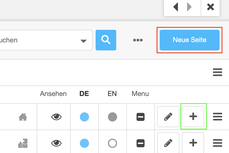 Ein Screenshot der Seitenbaumstruktur. Oben rechts befindet sich eine blaue Schaltfläche „Neue Seite“.