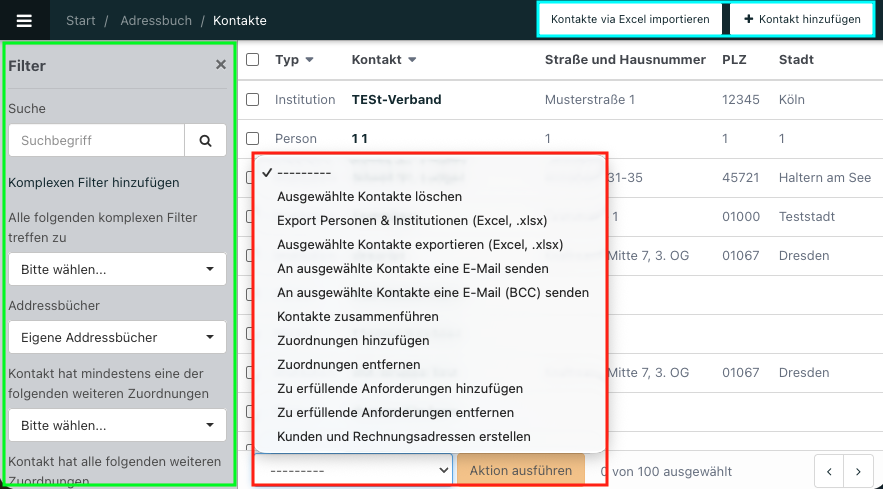 Screenshot aus der Software: beispielhafte Ansicht der Kontakte im Adressbuch.