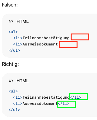 Screenshot eines HTML-Fehlers mit der Liste.