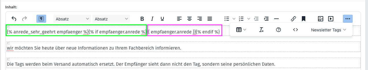 Screenshot aus der Software: Textentwurf mit Beispiel eines Tags.