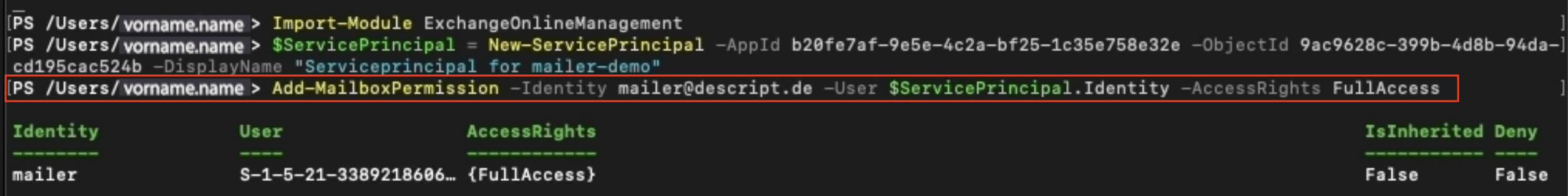 Screenshot aus PowerShell. Zu sehen ist Kommando um festzulegen, über welche Mail-Adresse die Software Mails versenden darf.