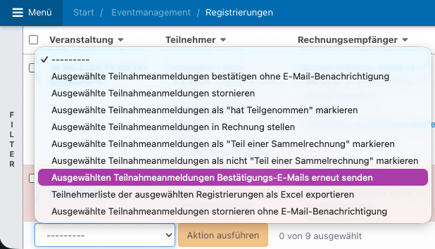 Screenshot aus Eventmanagement, zu sehen sind die Massenaktionen bei Registrierungen.