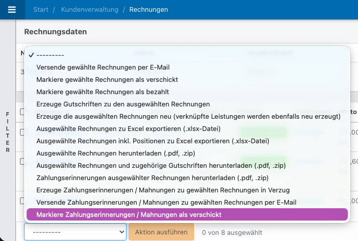 Screenshot aus Software: geöffnete Rechnungsübersicht mit geöffnetem Dropdown der Aktionen.
