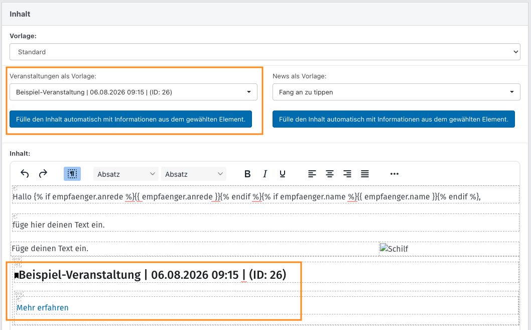 Screenshot aus der Software: beispielhafte Veranstaltung eingefügt im Textfeld.