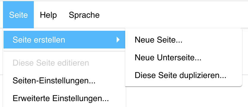Screenshot der ausgeklappten Option "Seite erstellen".