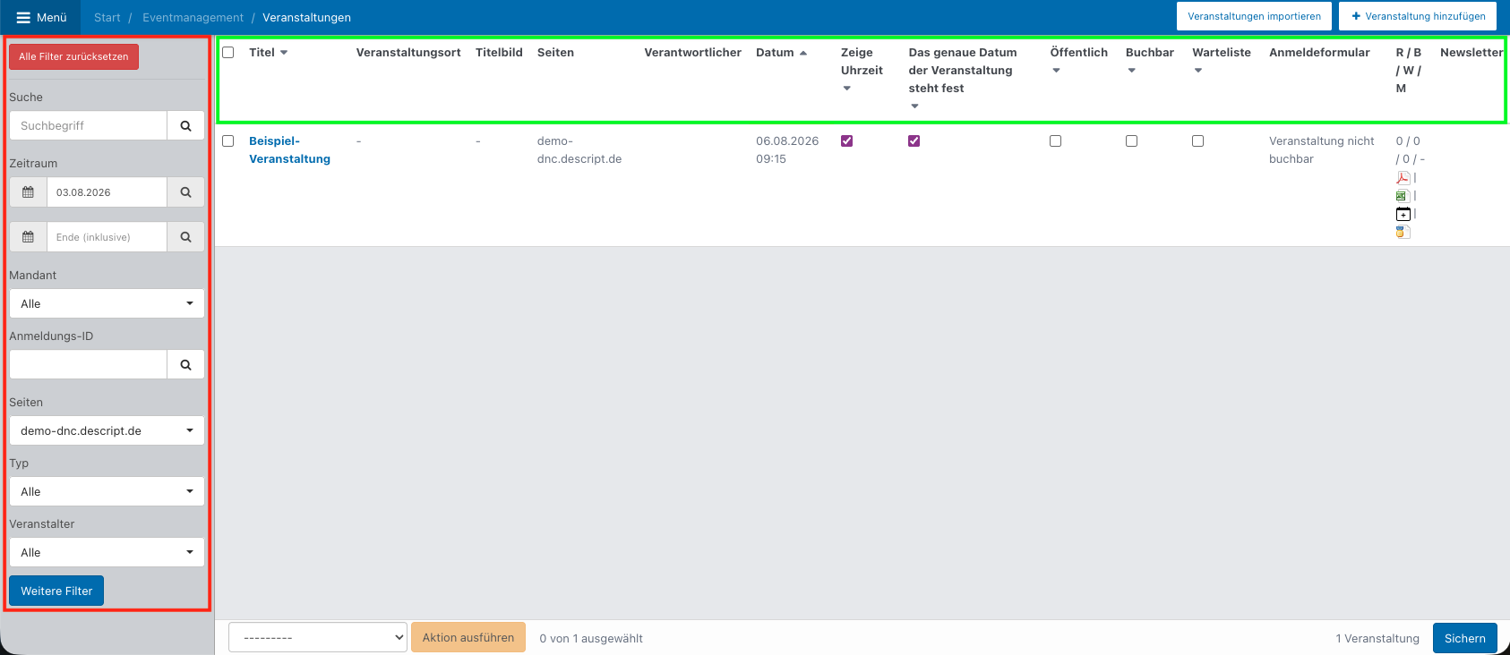 Screenshot aus der Software: geöffnete Veranstaltungsauflistung.