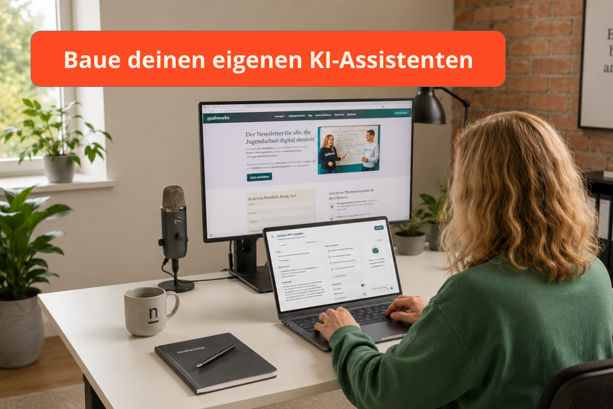 Clara sitzend vor einem Computer, darauf zu sehen die geöffnete Bearbeitungsansicht eines Custom-GPTs.
