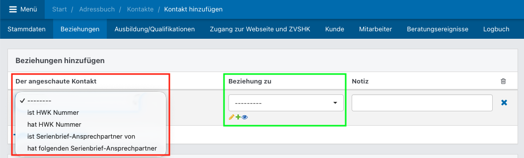 Screenshot aus der Software: Tab Beziehungen.